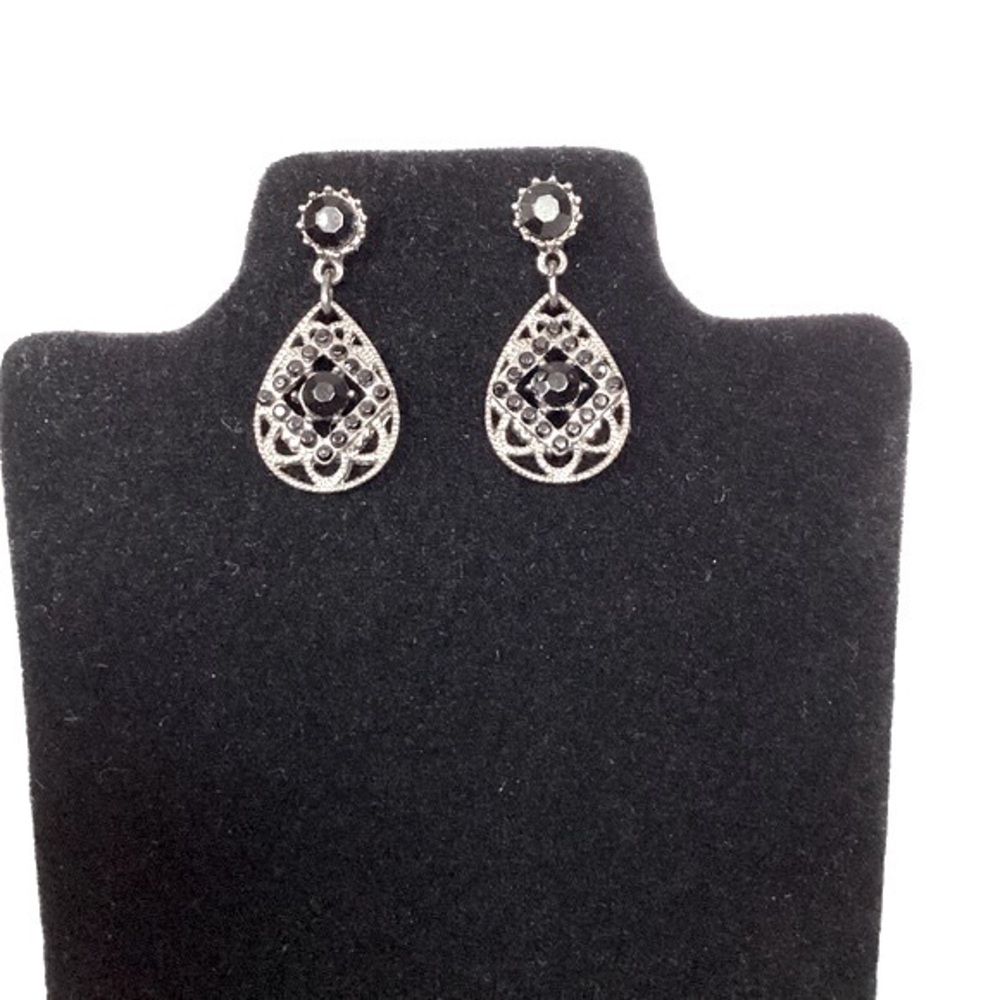 Filigree Dangle Earrings Gunmetal Tone Black Rhinestones Vintage EUC
